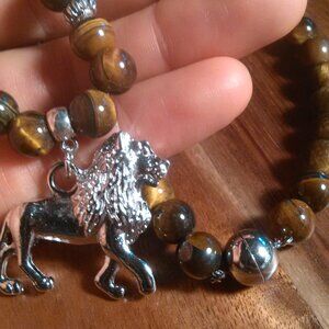 Lion Charm Tiger's Eye Beaded Silvertone and Stainless Steel Necklace